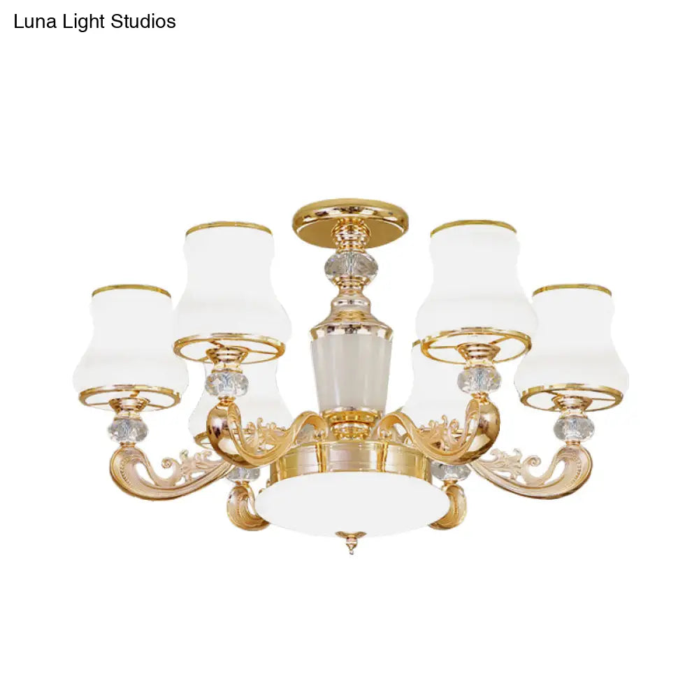 DecorBites™ DecorBites™ Simple Gold Frosted Glass Ceiling Light with Crystal Accent - 6-Light Flared Semi Flush Mount
