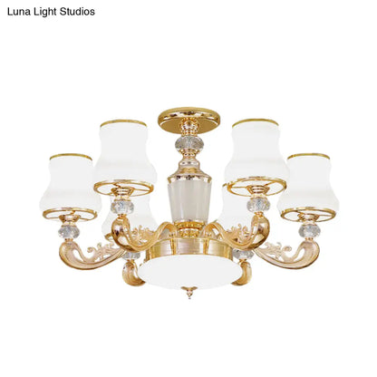DecorBites™ DecorBites™ Simple Gold Frosted Glass Ceiling Light with Crystal Accent - 6-Light Flared Semi Flush Mount