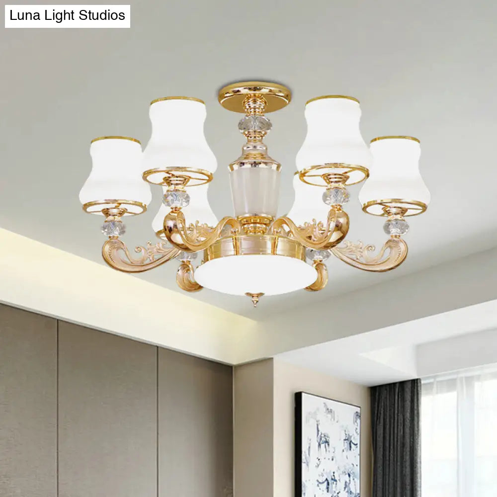 DecorBites™ DecorBites™ Simple Gold Frosted Glass Ceiling Light with Crystal Accent - 6-Light Flared Semi Flush Mount