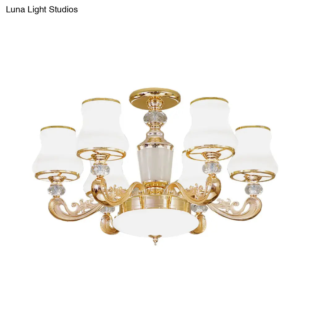 DecorBites™ DecorBites™ Simple Gold Frosted Glass Ceiling Light with Crystal Accent - 6-Light Flared Semi Flush Mount