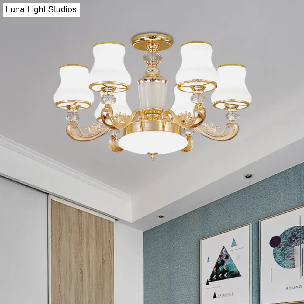 DecorBites™ DecorBites™ Simple Gold Frosted Glass Ceiling Light with Crystal Accent - 6-Light Flared Semi Flush Mount