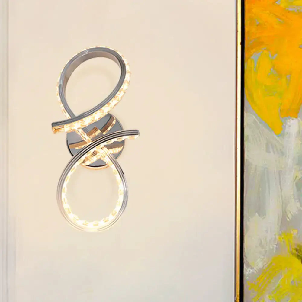 Simple led chrome infinity wall sconce with cut crystal deco and warm white intertwined spiral light strips for bedroom