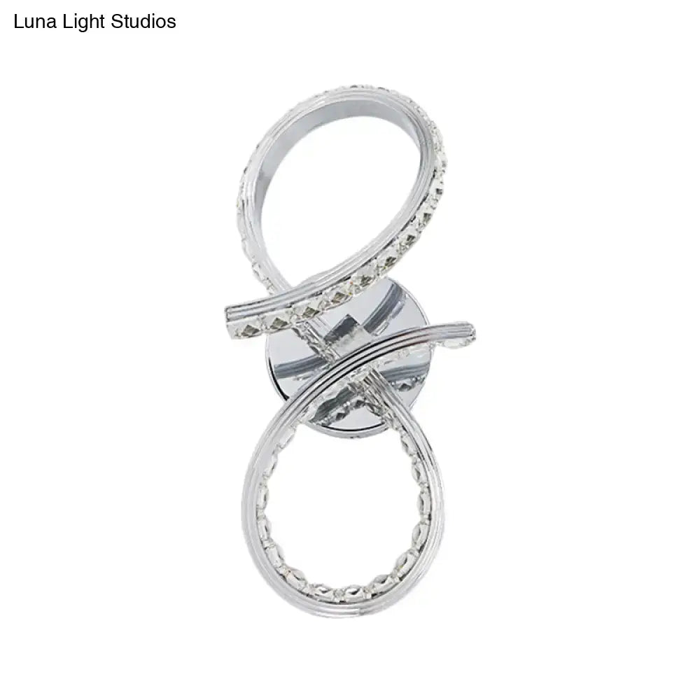 Silver infinity symbol simple led chrome wall sconce with cut crystal deco and warm white light for bedroom