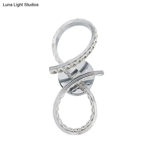 Silver infinity symbol simple led chrome wall sconce with cut crystal deco and warm white light for bedroom