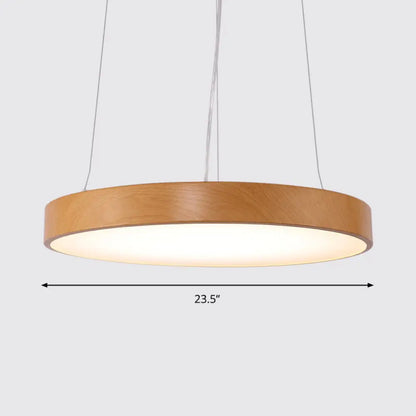 Simple Round LED Pendant Lamp in Metal and Light Wood Chandelier – Ideal for Meeting Rooms