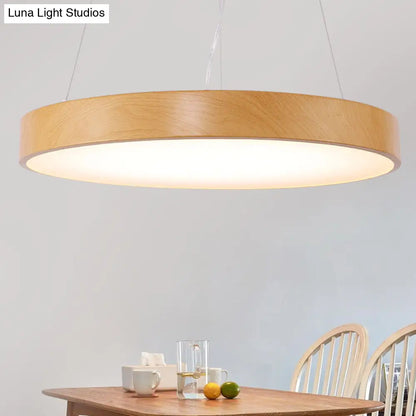 Simple Round LED Pendant Lamp in Metal and Light Wood Chandelier – Ideal for Meeting Rooms