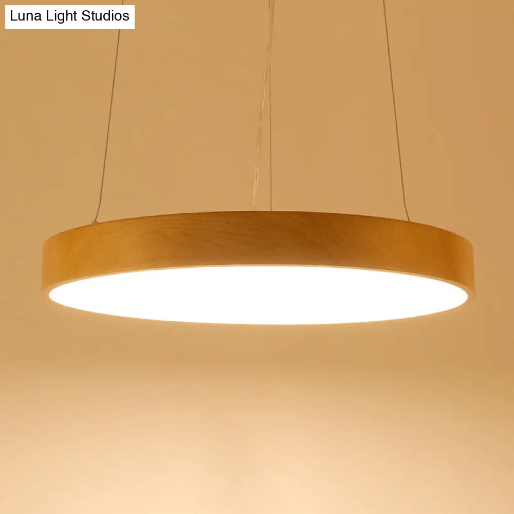 Simple Round LED Pendant Lamp in Metal and Light Wood Chandelier – Ideal for Meeting Rooms