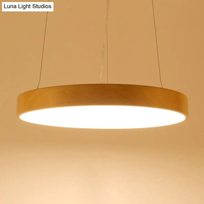 Simple Round LED Pendant Lamp in Metal and Light Wood Chandelier – Ideal for Meeting Rooms