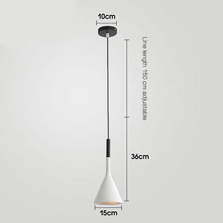 Simple single head chandelier featuring a white cone-shaped pendant light with black accents and adjustable cord