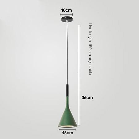 Green cone-shaped pendant light with black accents and adjustable cord.