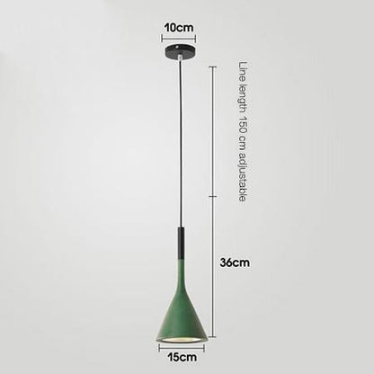 Green cone-shaped pendant light with black accents and adjustable cord.