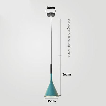Teal cone-shaped pendant light with adjustable cord featuring modern design in a simple single head chandelier