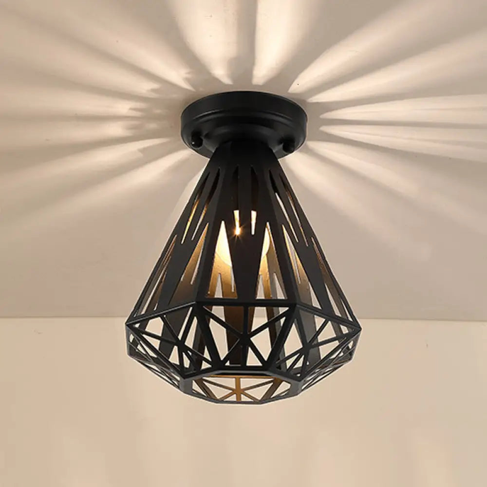 DecorBites™ DecorBites™ Simple Small Diamond Cage 1-Light Flush Mount Iron Ceiling Light in Black/White