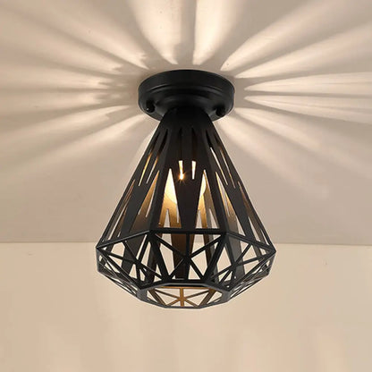 DecorBites™ DecorBites™ Simple Small Diamond Cage 1-Light Flush Mount Iron Ceiling Light in Black/White