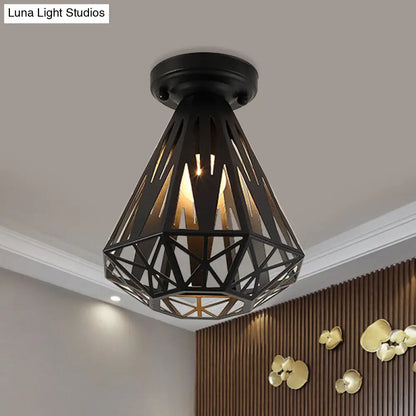 DecorBites™ DecorBites™ Simple Small Diamond Cage 1-Light Flush Mount Iron Ceiling Light in Black/White