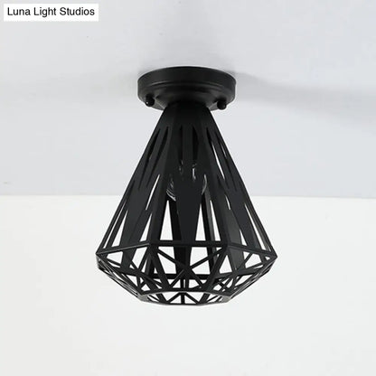 DecorBites™ DecorBites™ Simple Small Diamond Cage 1-Light Flush Mount Iron Ceiling Light in Black/White