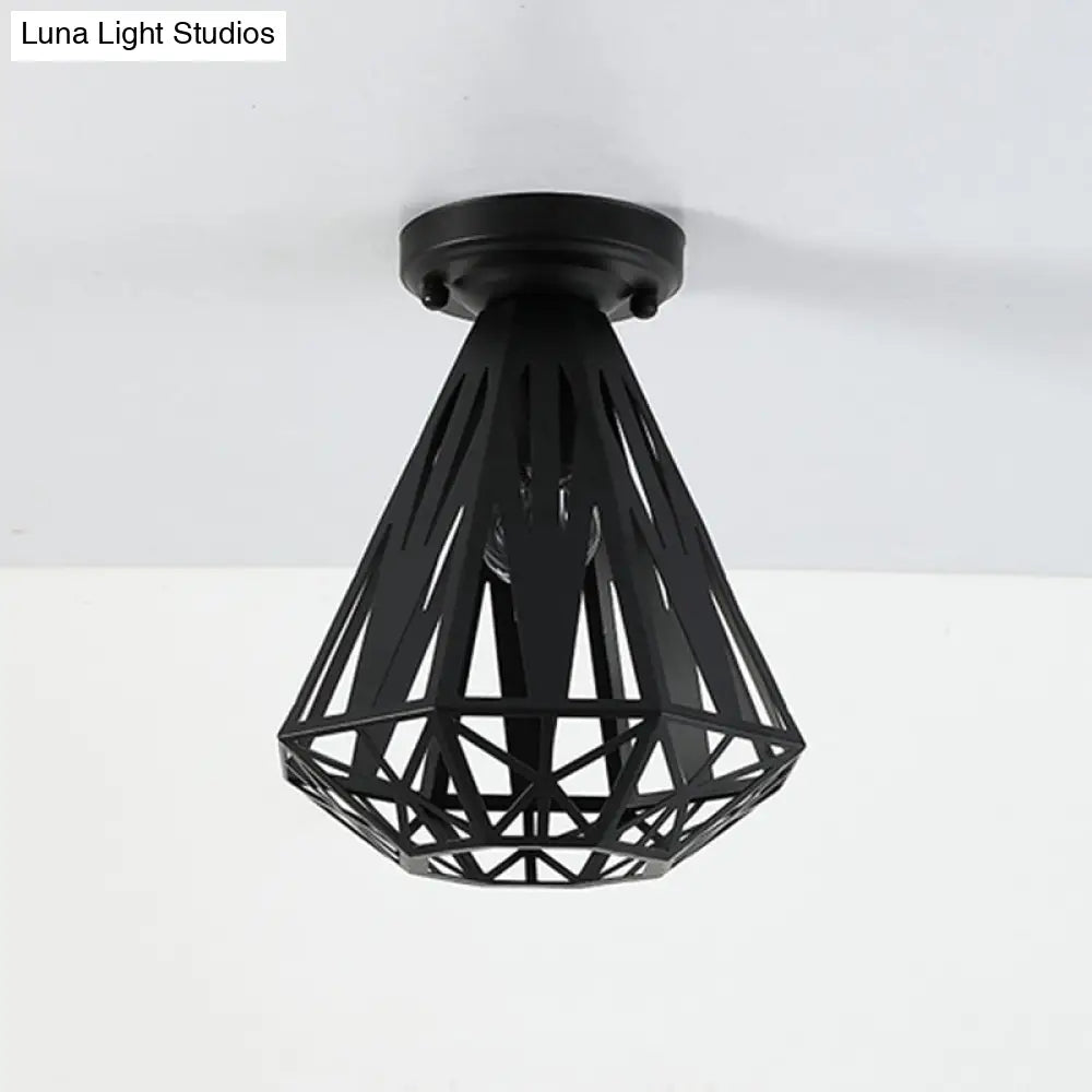 DecorBites™ DecorBites™ Simple Small Diamond Cage 1-Light Flush Mount Iron Ceiling Light in Black/White