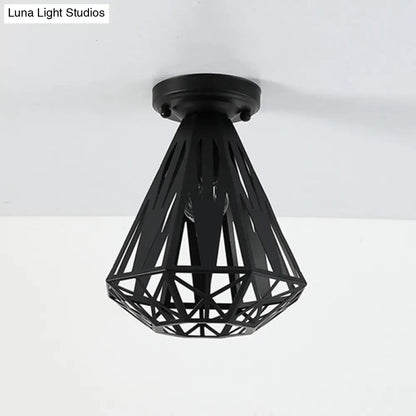 DecorBites™ DecorBites™ Simple Small Diamond Cage 1-Light Flush Mount Iron Ceiling Light in Black/White