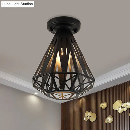 DecorBites™ DecorBites™ Simple Small Diamond Cage 1-Light Flush Mount Iron Ceiling Light in Black/White