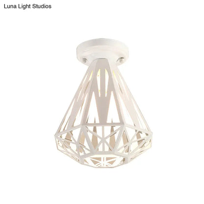 DecorBites™ DecorBites™ Simple Small Diamond Cage 1-Light Flush Mount Iron Ceiling Light in Black/White