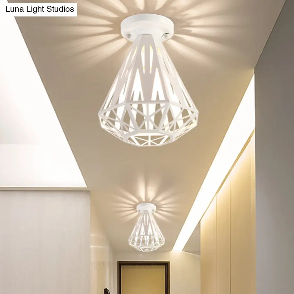 DecorBites™ DecorBites™ Simple Small Diamond Cage 1-Light Flush Mount Iron Ceiling Light in Black/White