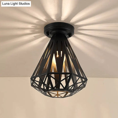 DecorBites™ DecorBites™ Simple Small Diamond Cage 1-Light Flush Mount Iron Ceiling Light in Black/White