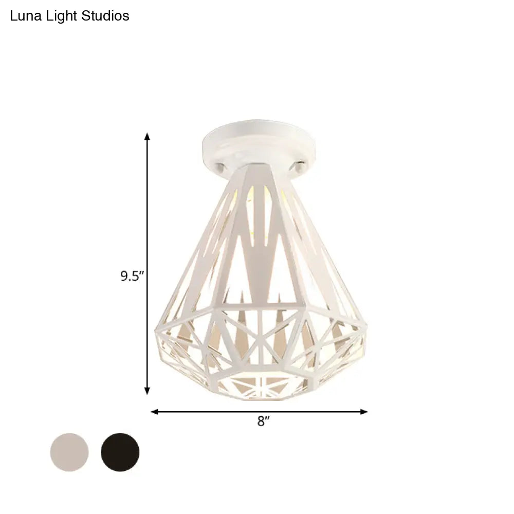 DecorBites™ DecorBites™ Simple Small Diamond Cage 1-Light Flush Mount Iron Ceiling Light in Black/White
