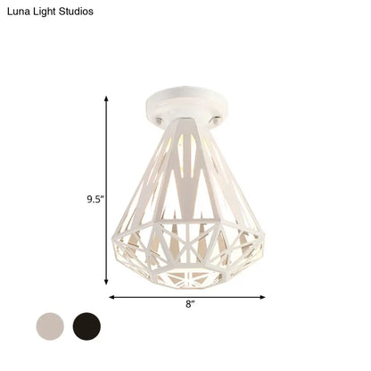 DecorBites™ DecorBites™ Simple Small Diamond Cage 1-Light Flush Mount Iron Ceiling Light in Black/White