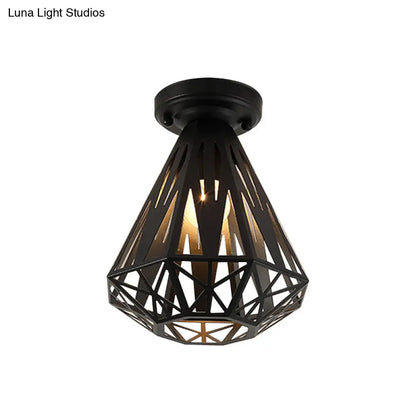 DecorBites™ DecorBites™ Simple Small Diamond Cage 1-Light Flush Mount Iron Ceiling Light in Black/White