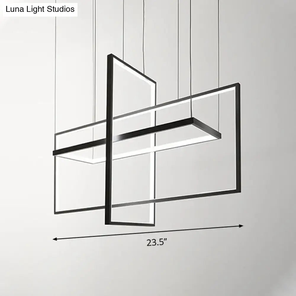 Modern black metal led island light with geometric transparent panels and warm white natural illumination for kitchen dining room