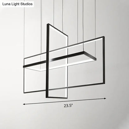 Modern black metal led island light with geometric transparent panels and warm white natural illumination for kitchen dining room