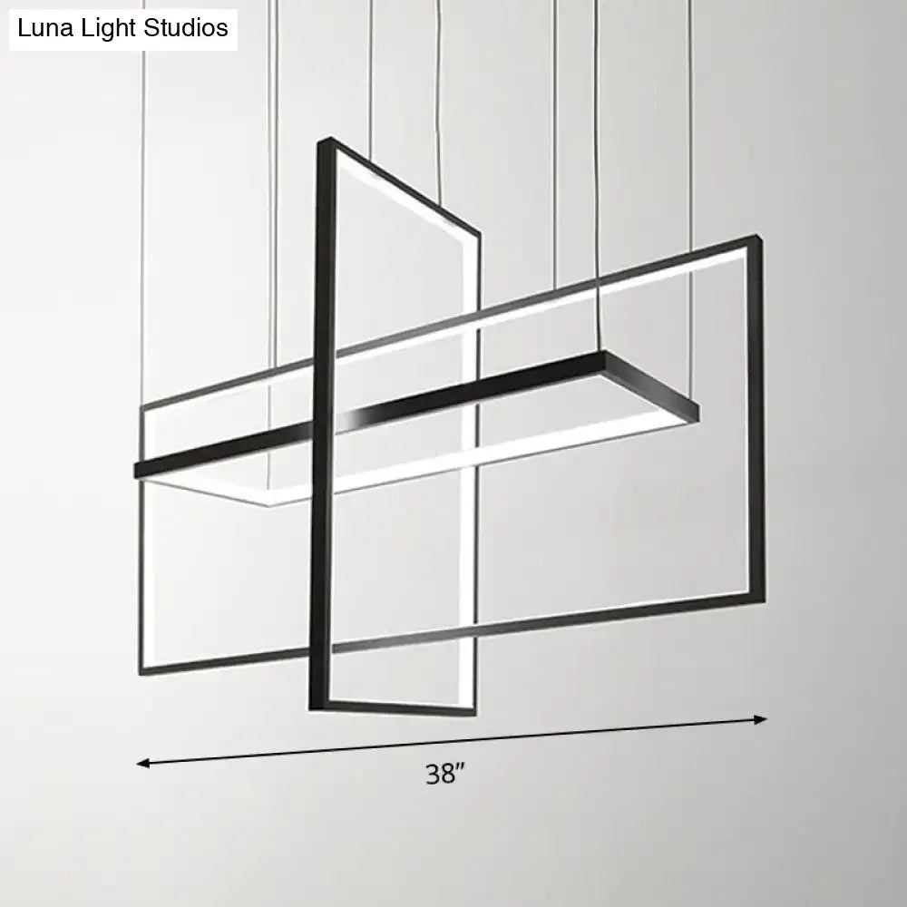 Modern black metal led island light with intersecting geometric panels in simple style for kitchen dining room use