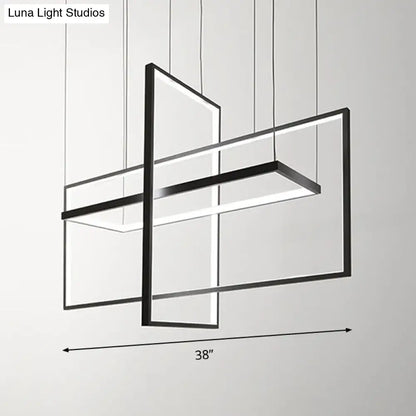 Modern black metal led island light with intersecting geometric panels in simple style for kitchen dining room use