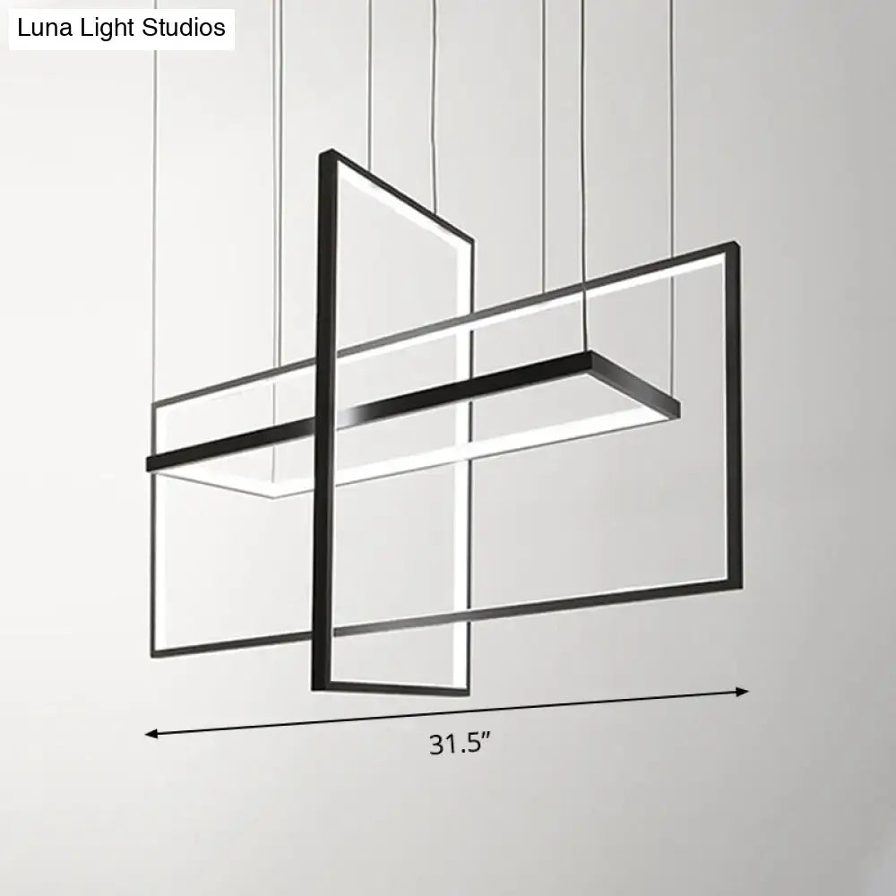 Modern black metal led island light with geometric intersecting rectangular panels in simple style for kitchen dining room