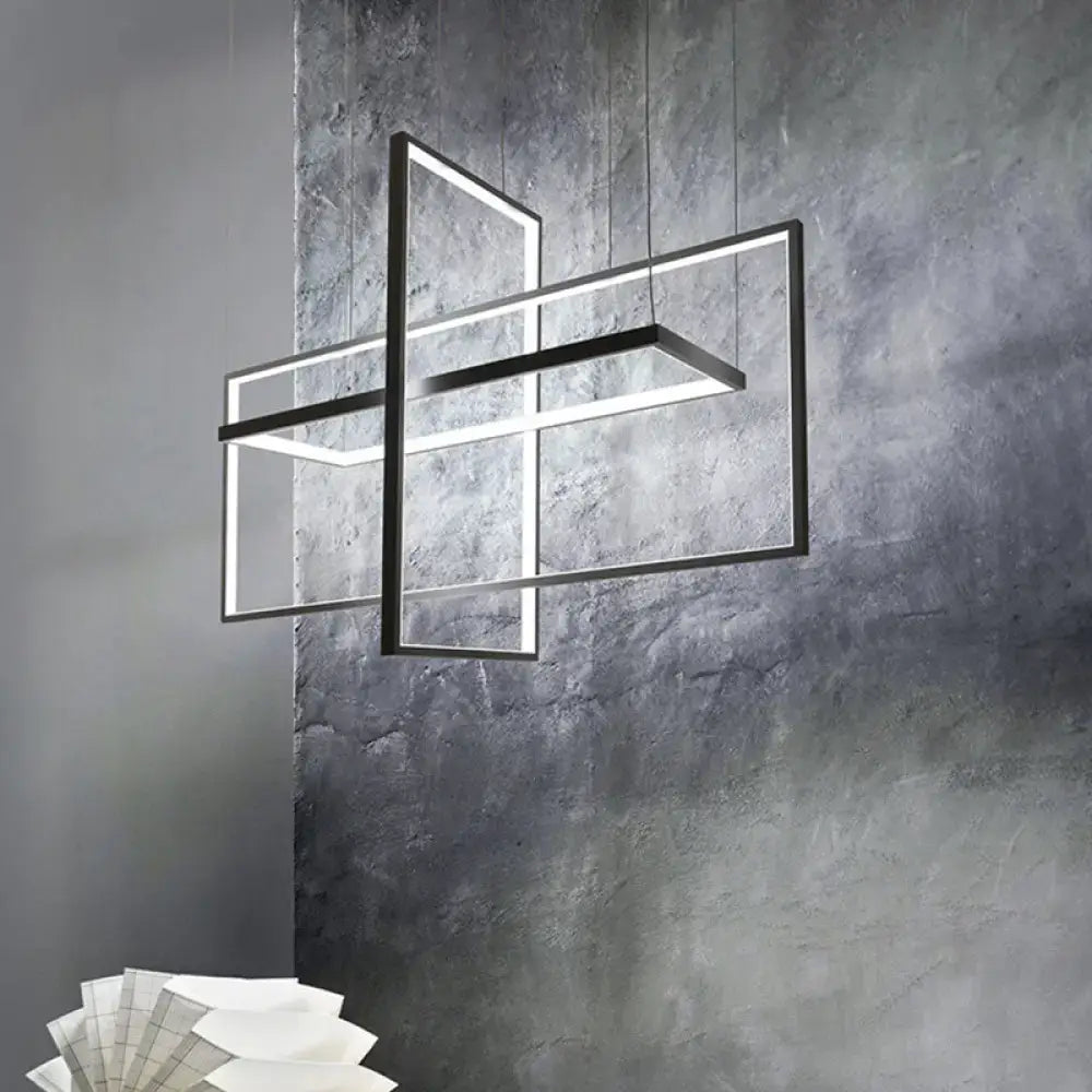 Modern black metal led island light with geometric frames and warm white natural rectangular panels for kitchen dining room