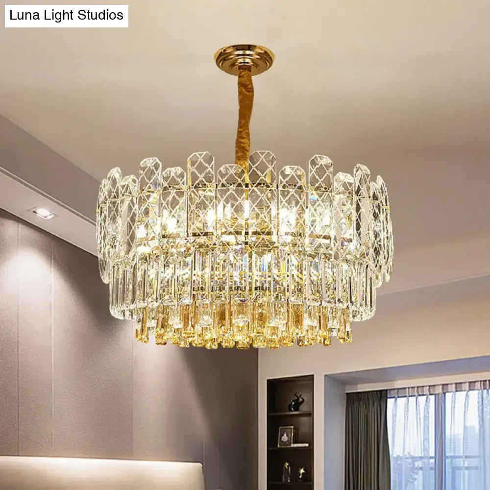 DecorBites rectangular drum crystal chandelier with 9 bulbs gold-toned brass fixture in simple style light type