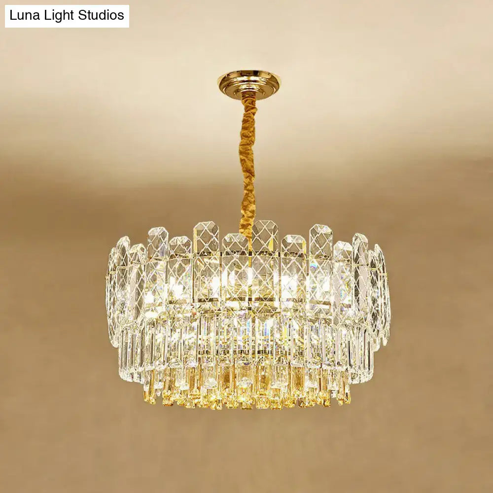 DecorBites rectangular drum crystal chandelier with clear crystals and gold finish offers simple style bedroom lighting
