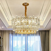DecorBites™ rectangular drum crystal chandelier with nine bulbs gold-toned glass prisms and simple style light type