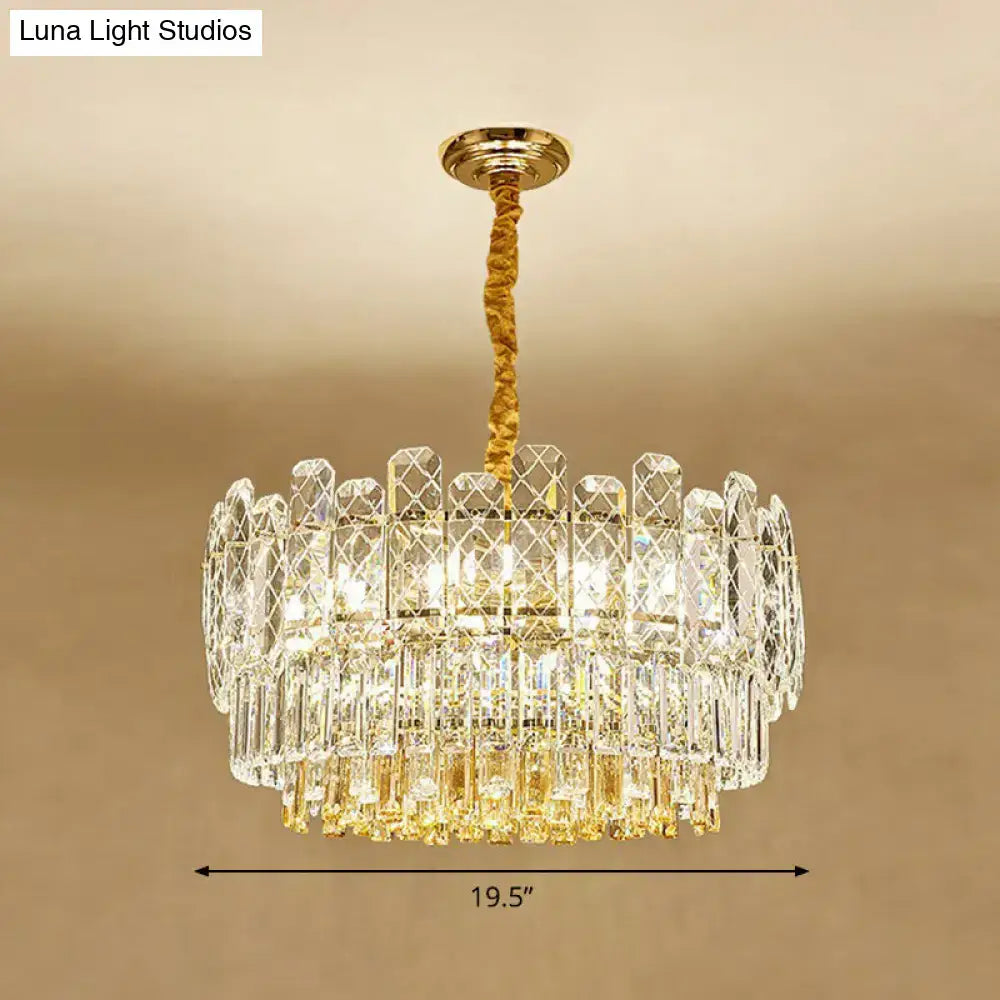 DecorBites rectangular drum crystal chandelier with 9 clear faceted crystals and gold finish for simple style lighting
