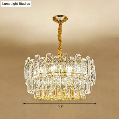 DecorBites rectangular drum crystal chandelier with 9 clear faceted crystals and gold finish for simple style lighting