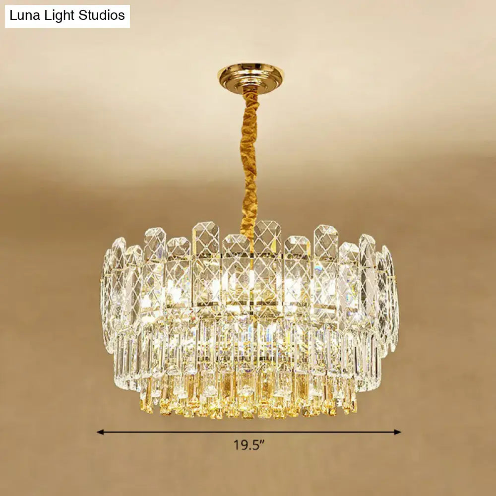 DecorBites™ rectangular drum crystal chandelier with gold-toned twisted rope pendant for bedroom ceiling lighting in simple style