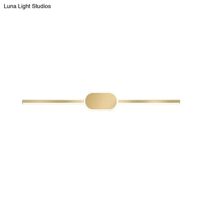 Gold-toned minimalist led vanity sconce with simple style wall mounted elongated rectangular design and oval accent