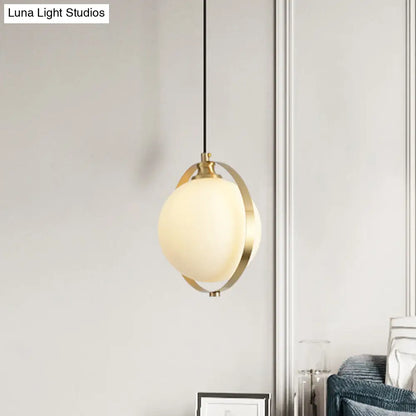 Simple White Frosted Glass Pendant Light with Brass Ring - Global Suspended Lamp for Bedside or Ceiling, 1 Bulb