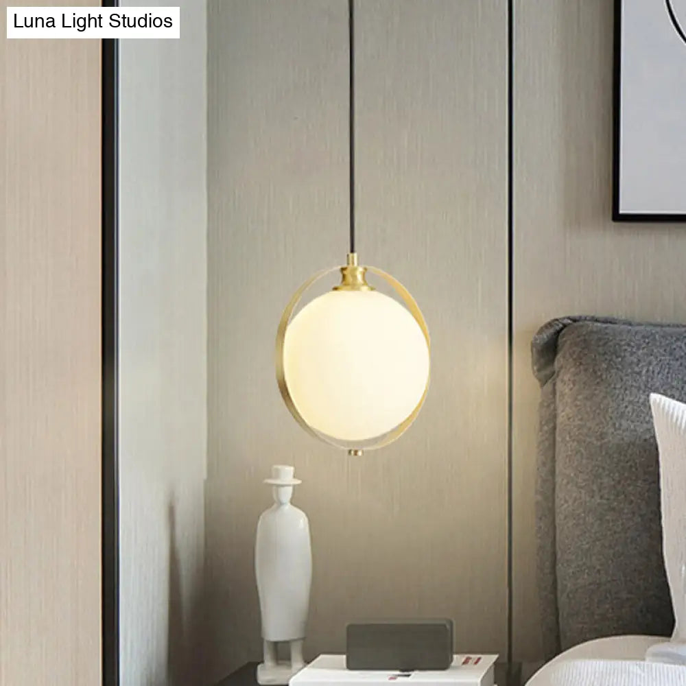 Simple White Frosted Glass Pendant Light with Brass Ring - Global Suspended Lamp for Bedside or Ceiling, 1 Bulb