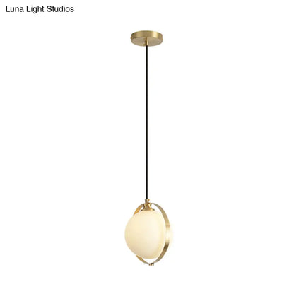 Simple White Frosted Glass Pendant Light with Brass Ring - Global Suspended Lamp for Bedside or Ceiling, 1 Bulb