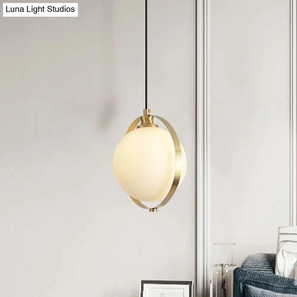 Simple White Frosted Glass Pendant Light with Brass Ring - Global Suspended Lamp for Bedside or Ceiling, 1 Bulb