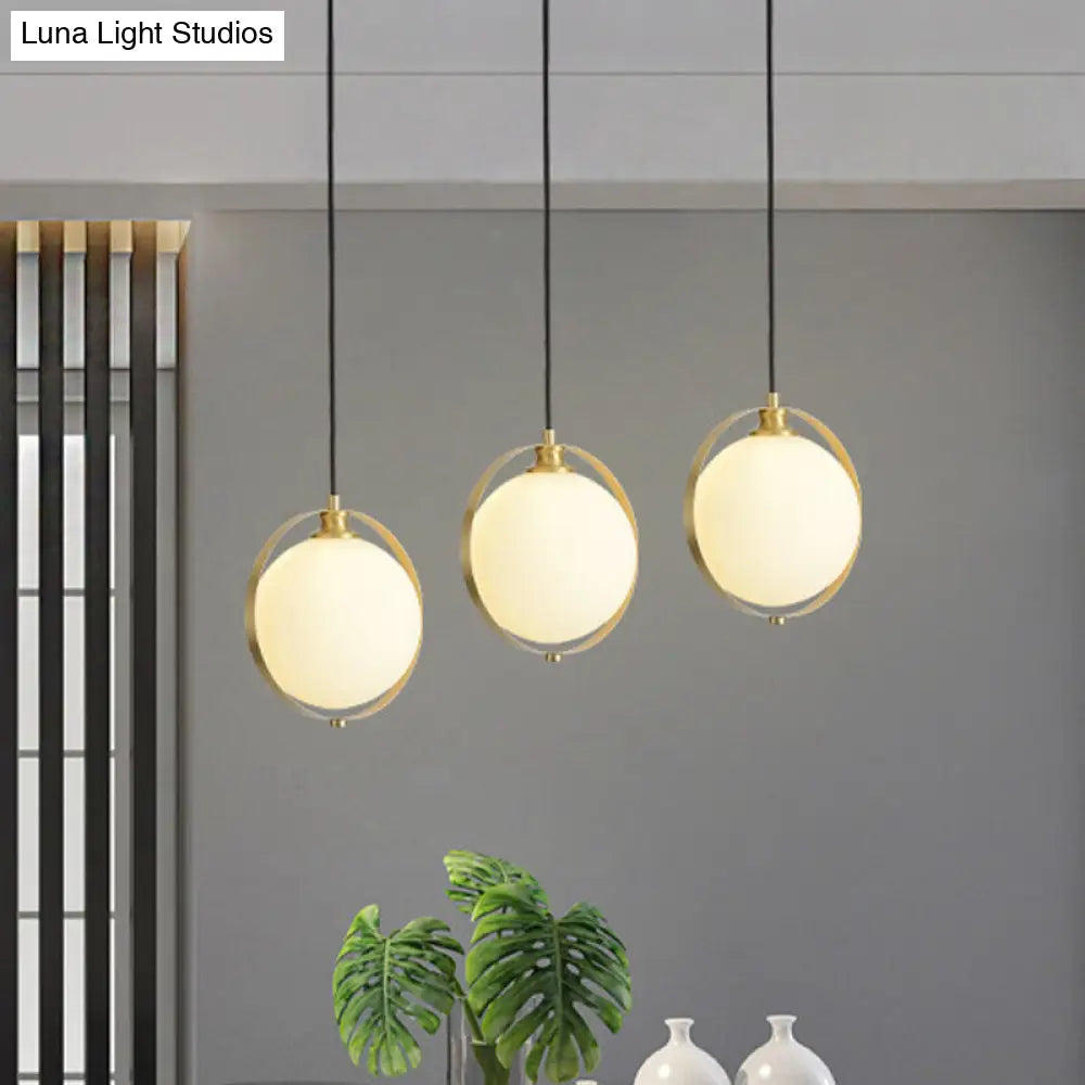 Simple White Frosted Glass Pendant Light with Brass Ring - Global Suspended Lamp for Bedside or Ceiling, 1 Bulb