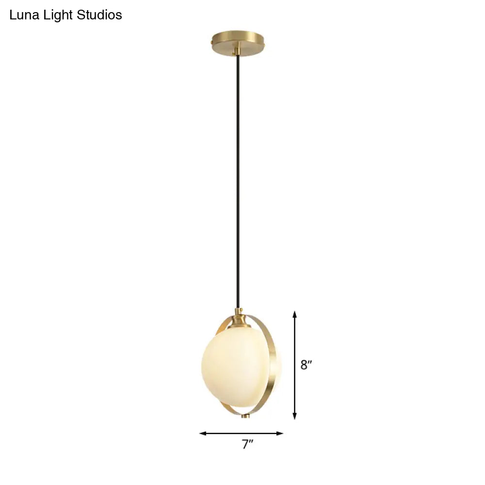 Simple White Frosted Glass Pendant Light with Brass Ring - Global Suspended Lamp for Bedside or Ceiling, 1 Bulb