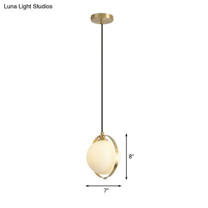 Simple White Frosted Glass Pendant Light with Brass Ring - Global Suspended Lamp for Bedside or Ceiling, 1 Bulb