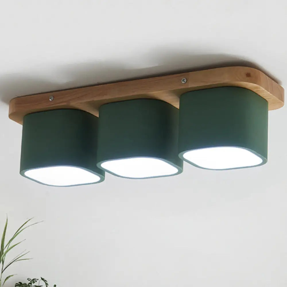 DecorBites™ Simplicity Lámpara de techo empotrada de hierro con 3 bombillas y rosetón de madera - Diseño cuadrado verde en luz cálida/blanca
